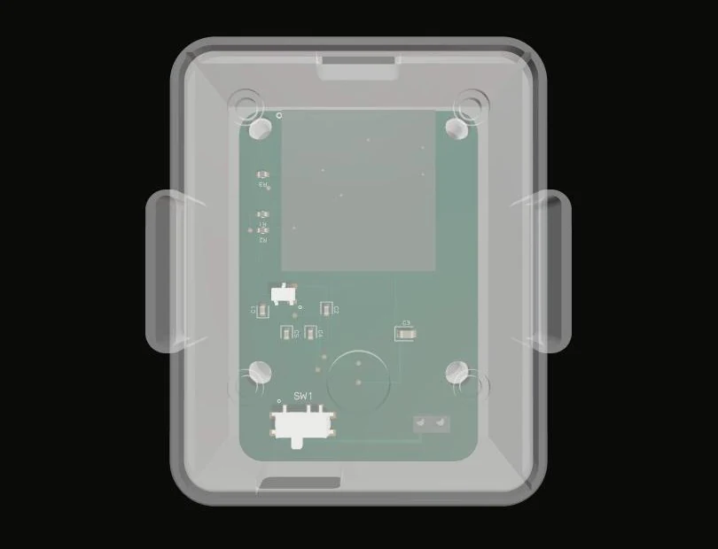 Tovan 3D preview of a custom 3D printable case around a pulse monitor PCB, with standoffs and strap loops