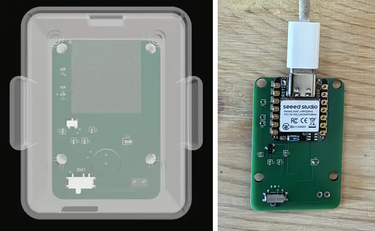 Tovan 3D preview of a pulse monitor board in its generated case next to the real assembled board
