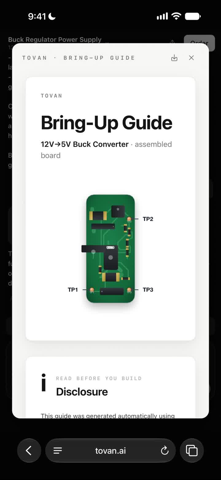 A generated bring-up guide for an assembled converter board, the last stage in the custom PCB timeline