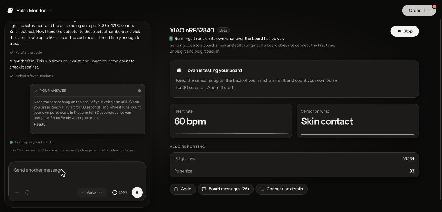 Tovan Run view showing a live heart rate of 60 bpm from the wrist and asking the user to count their own pulse